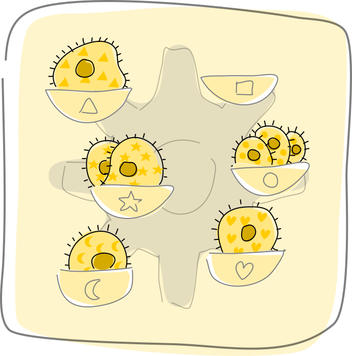 A hApp with each of its slots populated by zero, one, or more matching cells.